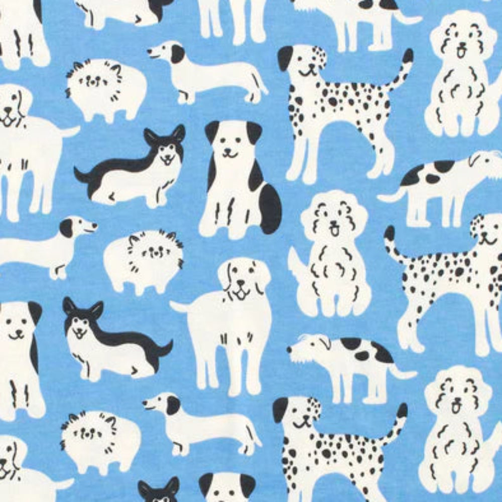 dog themed organic cotton footed romper in blue & white | lap neck opening | open at wrist | snaps at legs  | print closeup