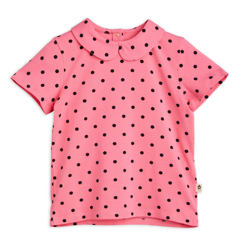 Mini Rodini Pink Collared Cotton Tee | Short Sleeve | 3 Snap clost in back
