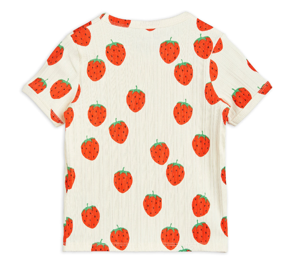 Mini Rodini Kids Organic Cotton Ribbed Short Sleeve Tee in All-Over Strawberry Print - back