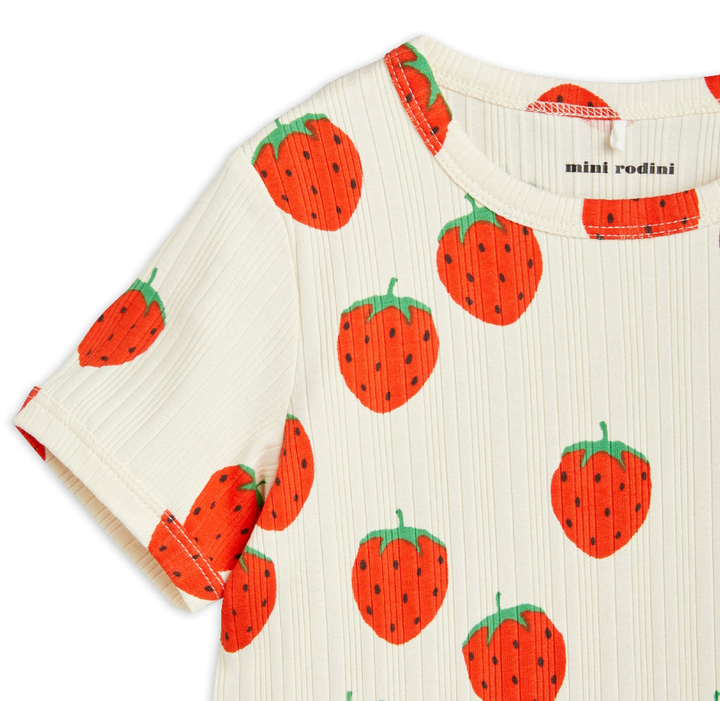 Mini Rodini Kids Organic Cotton Ribbed Short Sleeve Tee in All-Over Strawberry Print