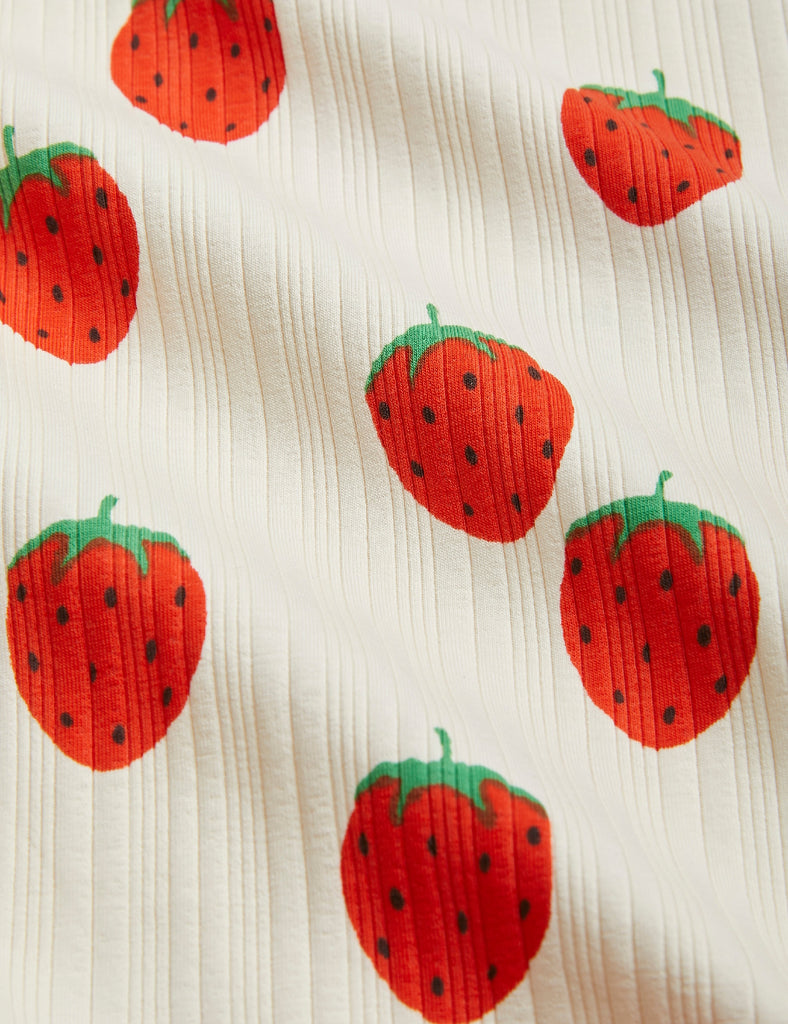 Mini Rodini Kids Organic Cotton Ribbed Short Sleeve Tee in All-Over Strawberry Print - closeup