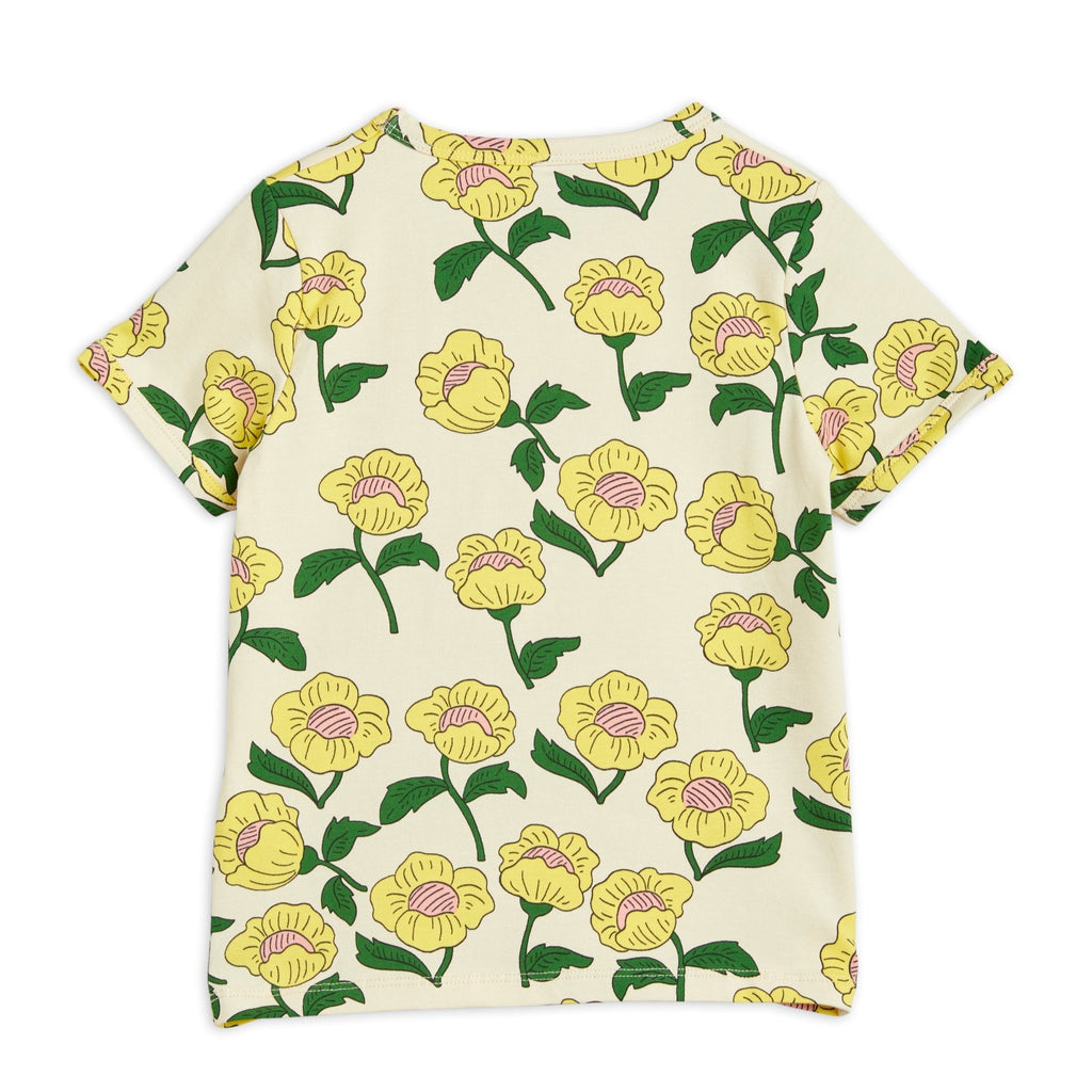 Mini Rodini Flower Tee | Off-White | Yellow/Green | Short Sleeve | Organic Cotton