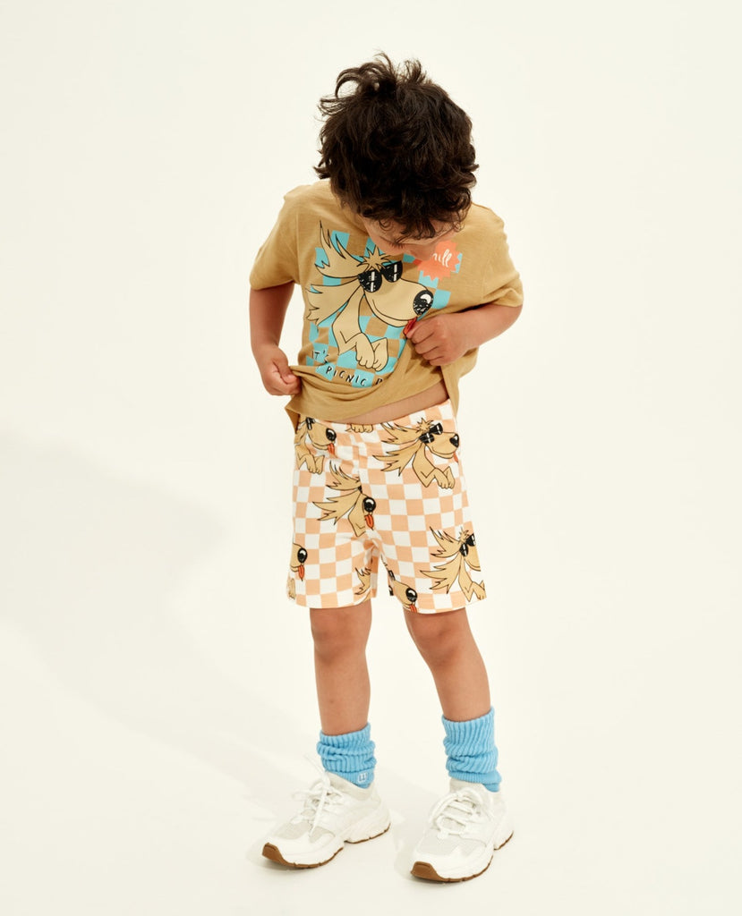 Dennis the Dog Summer Print Kids Sweat Shorts | Peach & White Check background | Elastic Adjustable Waist