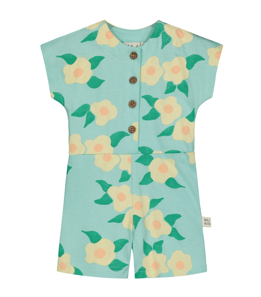 Infant One-piece Romper in All-over Rose Print / Blue / Organic Cotton / Button-up Front / Short Sleeve