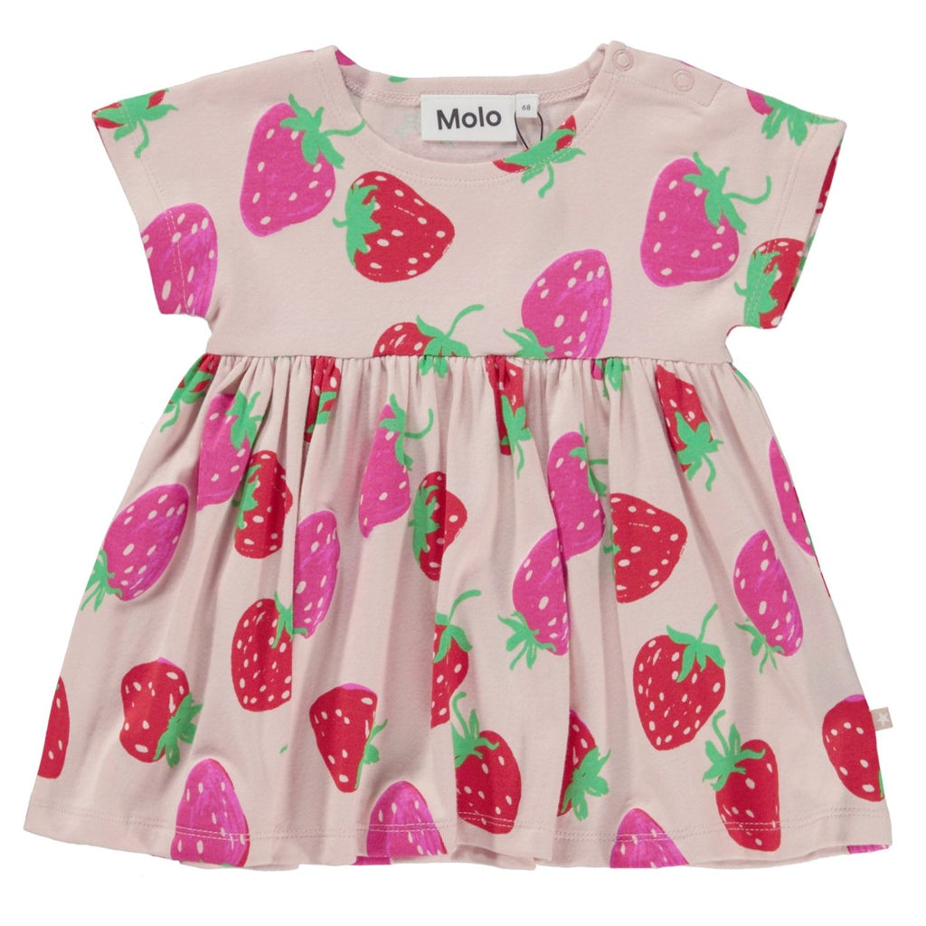 Strawberry Print Pink Infant Dress, High Waist, Full Skirt, Organic Cotton, Snaps at Shoulder 