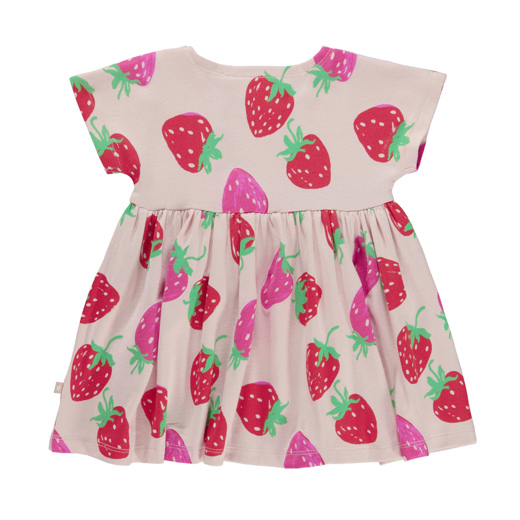 Strawberry Print Pink Infant Dress, High Waist, Full Skirt, Organic Cotton, Snaps at Shoulder  - back