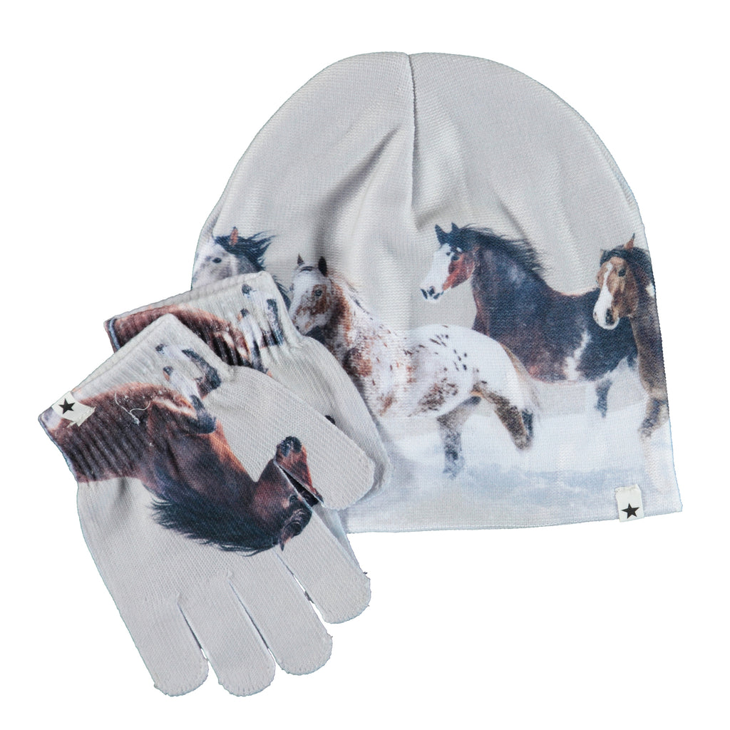 Kids Digital Print Wild Horses Knit Hat & Gloves with 