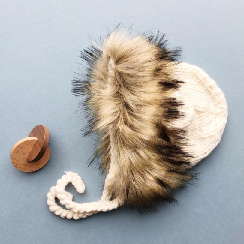 Cream Knit Lion Faux Fur Hat  