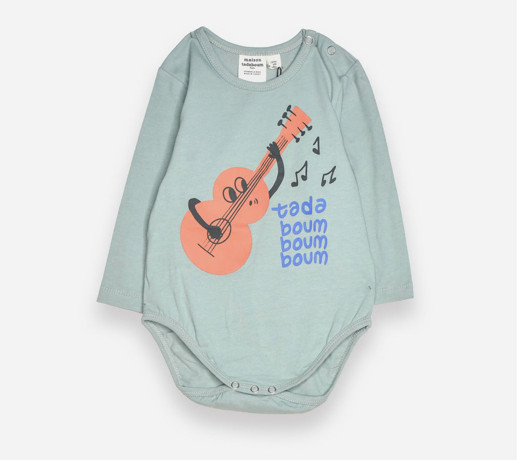Organic Cotton Long Sleeve Soft Green Infant Onesie with Guitar 