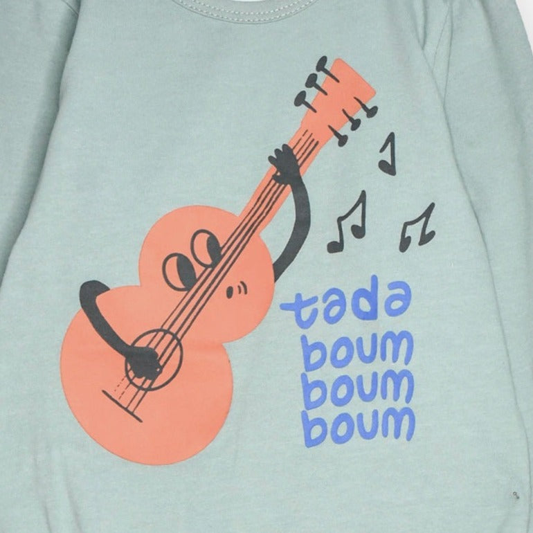 Organic Cotton Long Sleeve Soft Green Infant Onesie with Guitar  - closeup