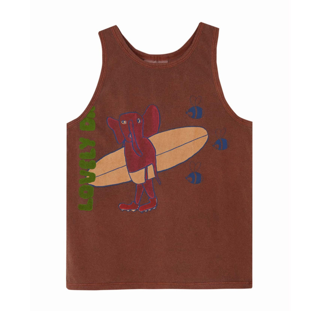 Brown Lovely Day Organic Tank Top with Surfing Elephant Graphic 