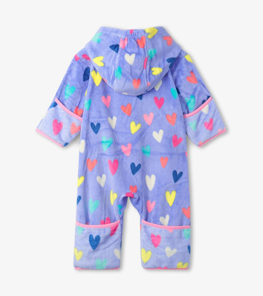 Cozy Lavender Fleece Baby Bundler in Heart Print | Zip Front | Foldover Mitts for Hands & Feet - Back View