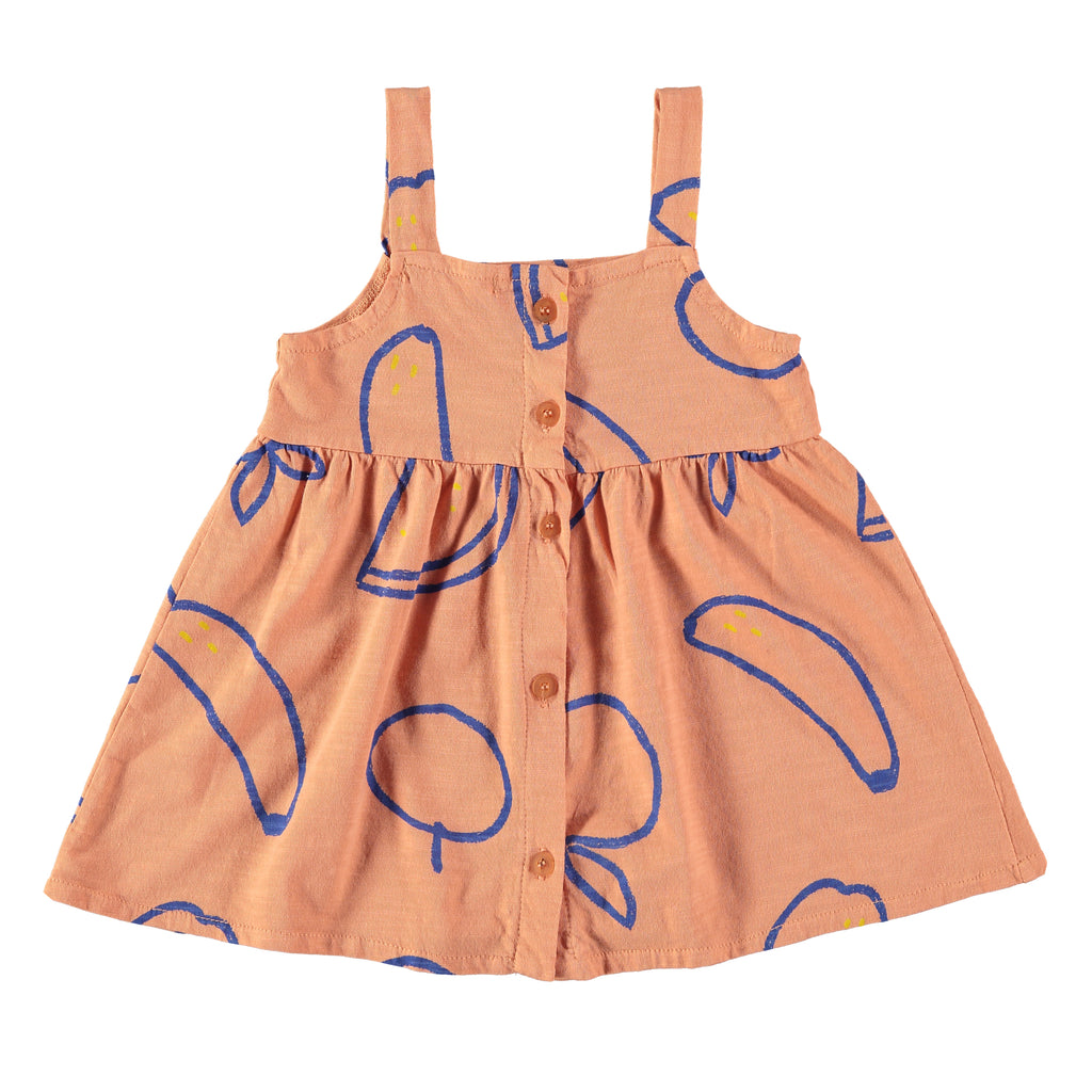 Babyclic Organic Cotton Strappy Peach Dress with Fruit Print | Button down front | 
