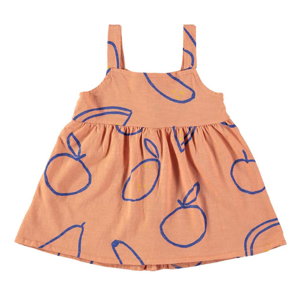 Babyclic Organic Cotton Strappy Peach Dress with Fruit Print | Button down front | 