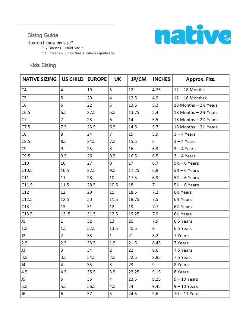 15+ Native Shoes Size Chart