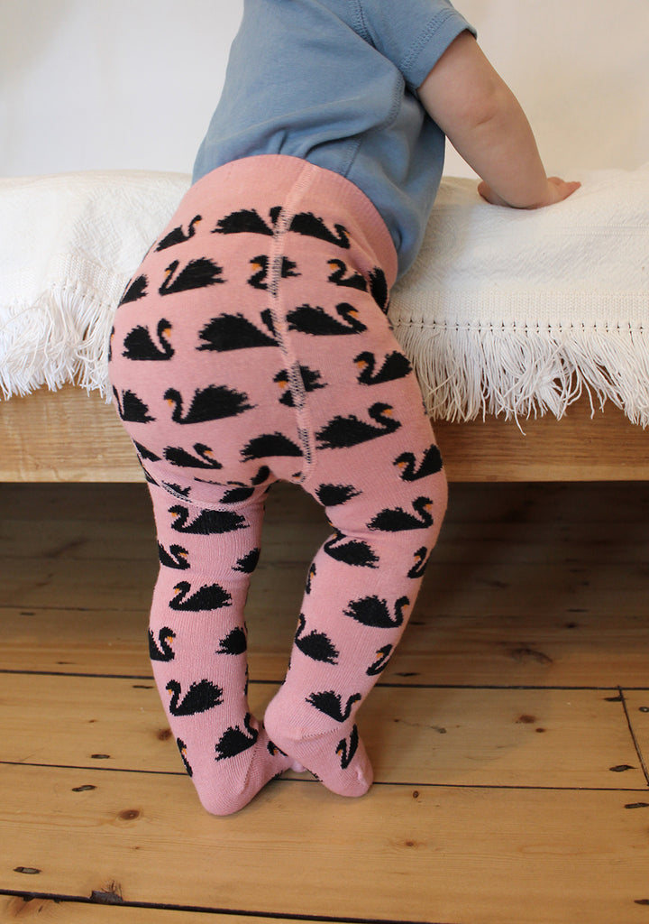 Swan Print Pink Tights for Kids