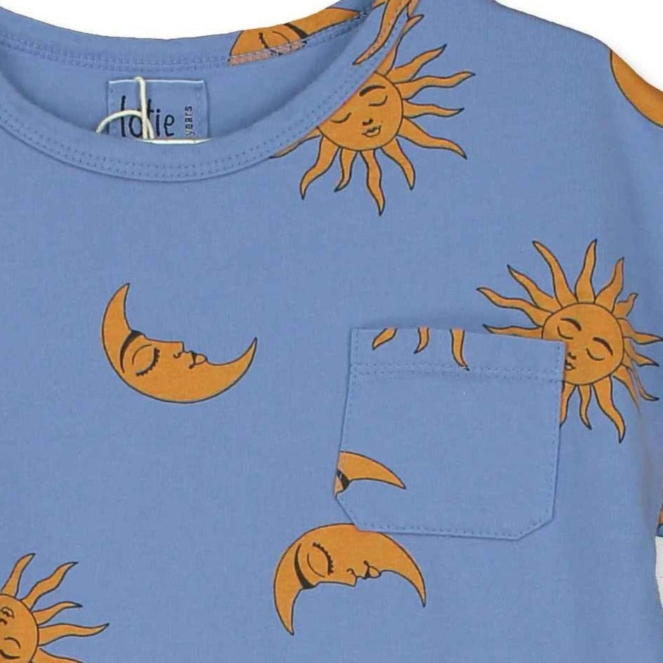 LotieKids Sun & Moon Print Blue Short Sleeve Kids Tee  Shirt - closeup