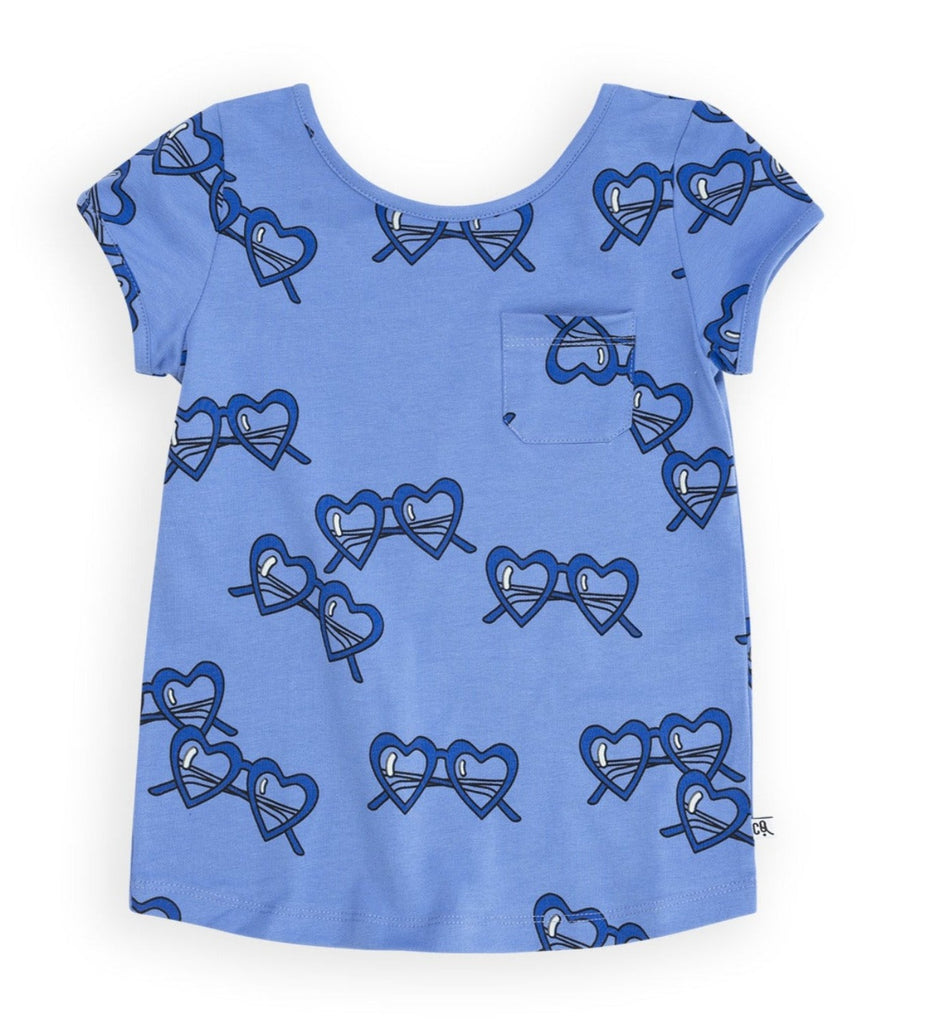 Organic Cotton Kids Short Sleeve Tee in Blue with Heart Shaped Sunglasses Print