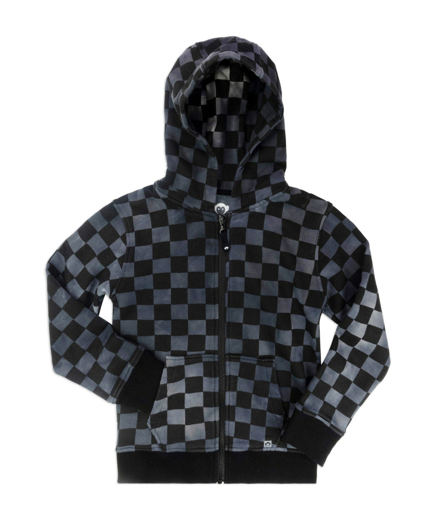 Appaman Black/Gray Checked Cotton Knit Hoodie | Ribbed Wrist & Waist | Front Pockets | Zip Up