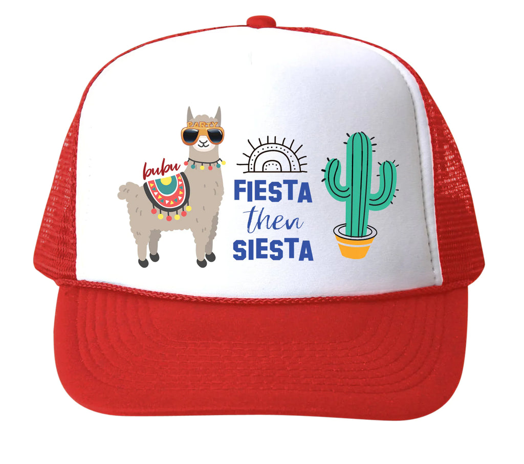 Kids Trucker hat with Fiesta Then Siesta graphic print on it