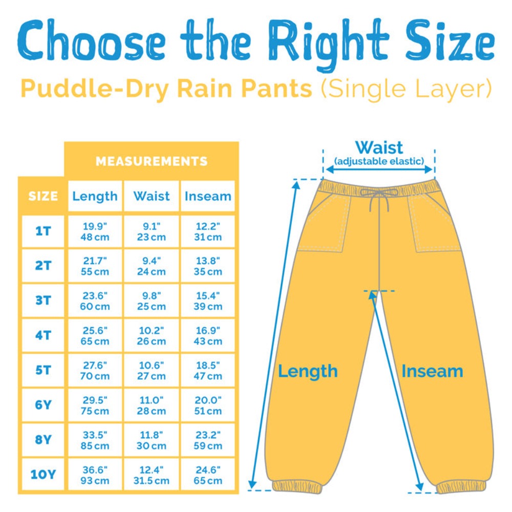 Single Layer Kids Waterproof Rainpant - size chart