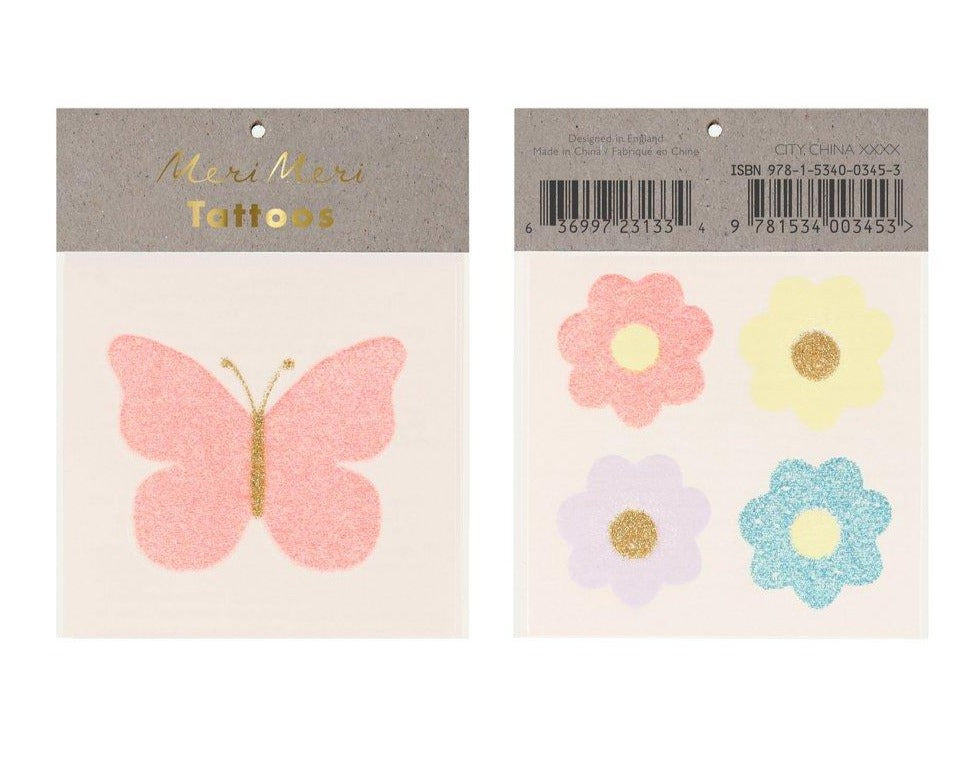 Temporary Tattoos for Kids | Butterfly & Flowers | 2 in a pack