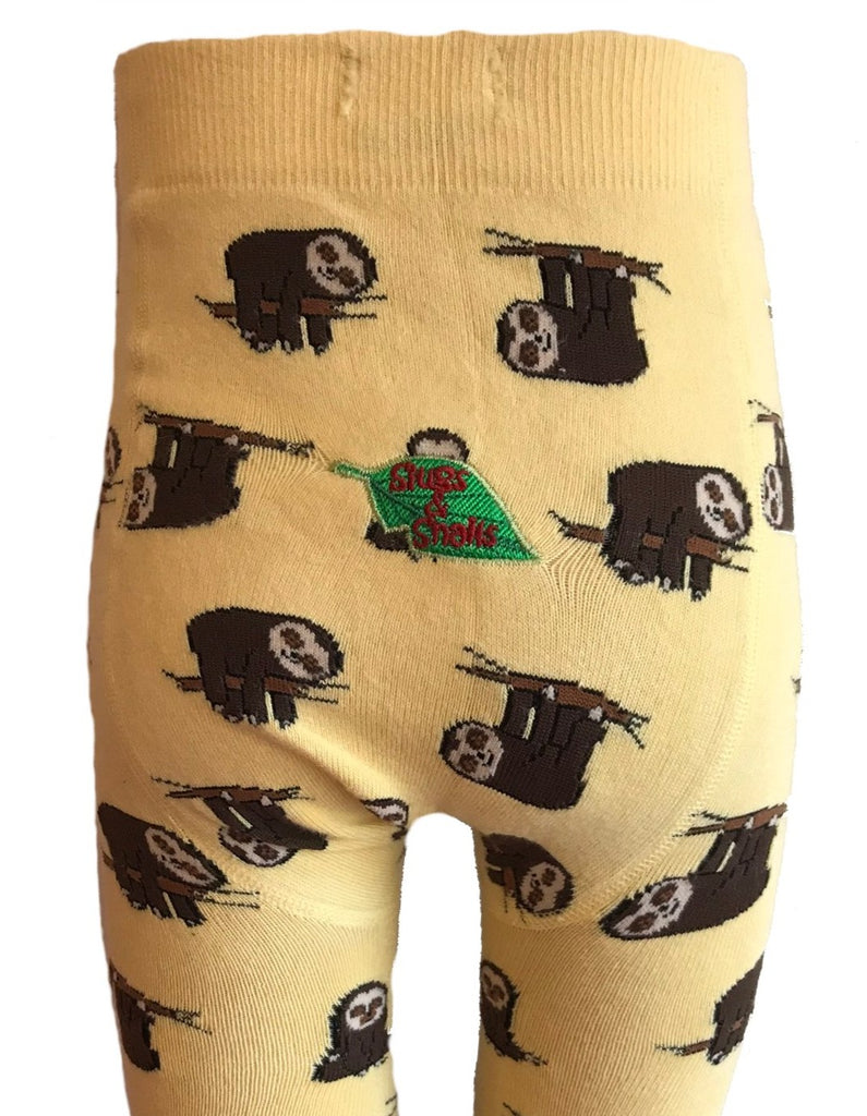 Sloth Print Yellow Organic Cotton Knit Tights for Kids - closeup